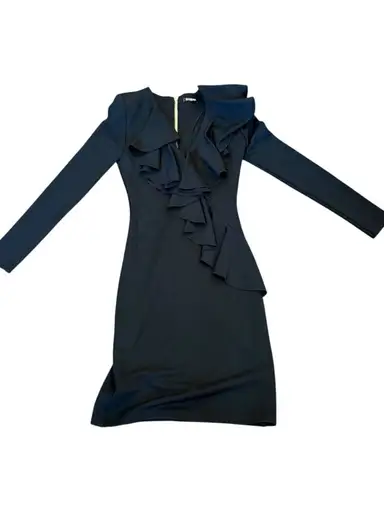 Balmain Black Long-Sleeve Ruffled Dress, Size 34/US 2
