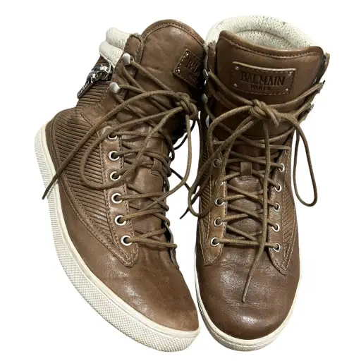 BALMAIN PARIS Leather Knit Collar High-Top Sneakers