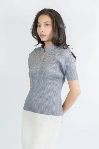 Pleats Please Issey Miyake Mandarine Collar Pleated Polo