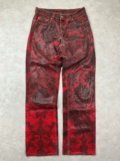 1990s Roberto Cavalli Burgundy Denim Baroque Print Jeans
