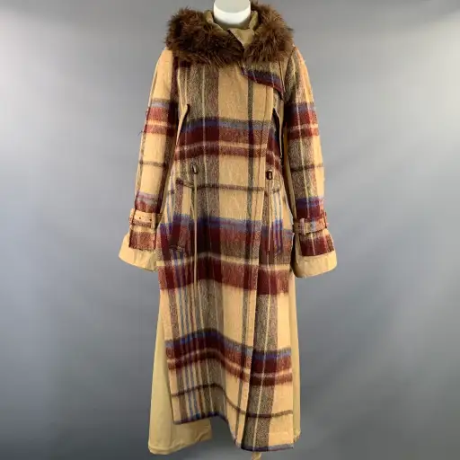 SACAI Size M Khaki Burgundy & Brown Wool Blend Plaid Trench Coat