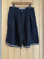 Kartik Research Black Linen Pleated Shorts Hand Embroidered Floral Hem W32 NWT