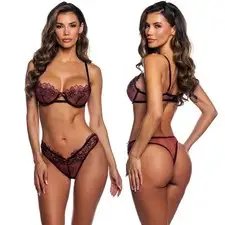 Roma Confidential Botanique Floral Embroidered Lace Beaded Bra Thong Wine XS-XL