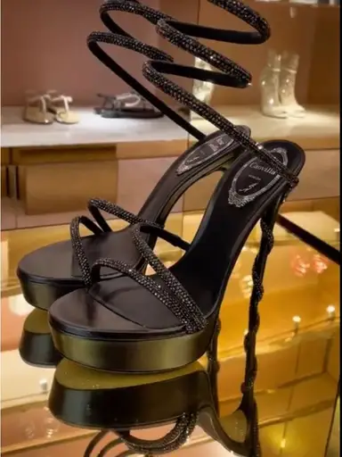 Rene Caovilla Black Crystal Spiral Lace Platform Sandals