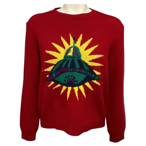 Gucci Red UFO Intarsia Graphic Print Wool Knit Pullover Sweater