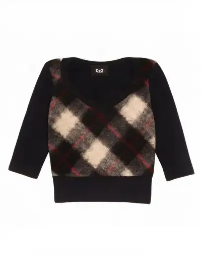 Dolce & Gabbana Womens Crop V-Neck Jumper Sweater UK 14 Large Black Plaid