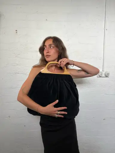 COMME des GARÇONS WOOD-HANDLE VELOUR HANDBAG
