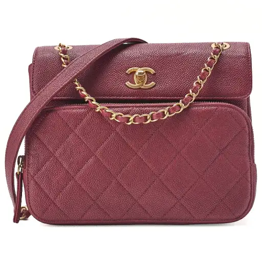 CHANEL Caviar Skin Matelasse Single Flap Chain Shoulder Red Gold-Tone Hardware, Pre-Owned