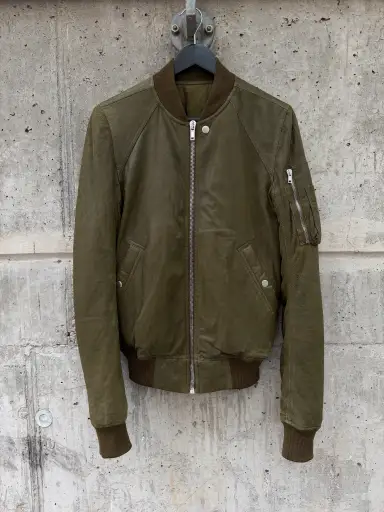 FW/18 Rick Owens Olive Brushed Lamb Nap Intarsia Leather Jacket(48)