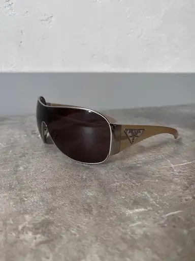 2010 Prada SPR57L Triangle Logo Shield Sunglasses Silver Light Gold Unisex