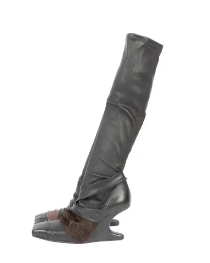 Black Leather Knee-high Boots with Fur Accent - 38