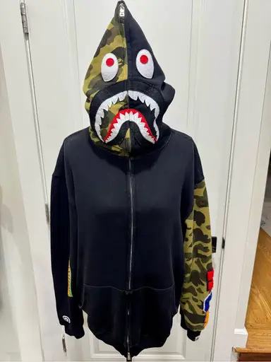A Bathing Ape (BAPE) Black Camo Sleeve Shark Zip Hoodie camo sleeve WGM patches