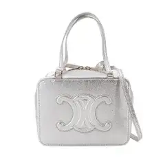 新品同様 セリーヌ CELINE キュイル トリオンフ 2way ハンド ショルダー バッグ レザー メタリックシルバー ゴールド 金具 90327211