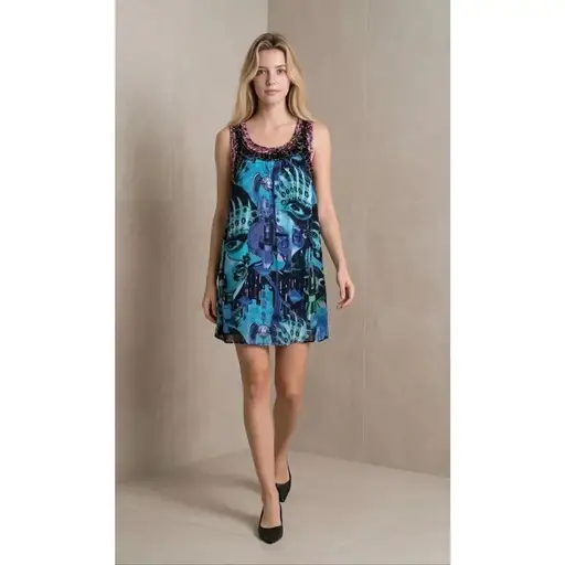 Custo Barcelona Silk Blend Beaded Tunic Dress Abstract Print Blue Size 36 XS (08