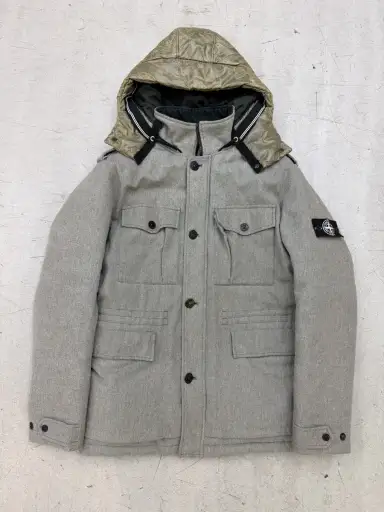 FW2014 Stone Island Ice Grey Wool Blend Puffer Hooded Coat
