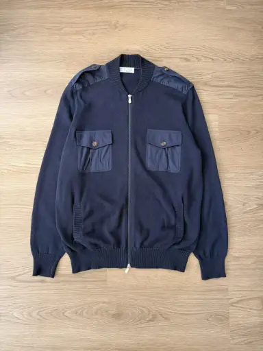Cotton Knit Military Zip Cardigan Navy