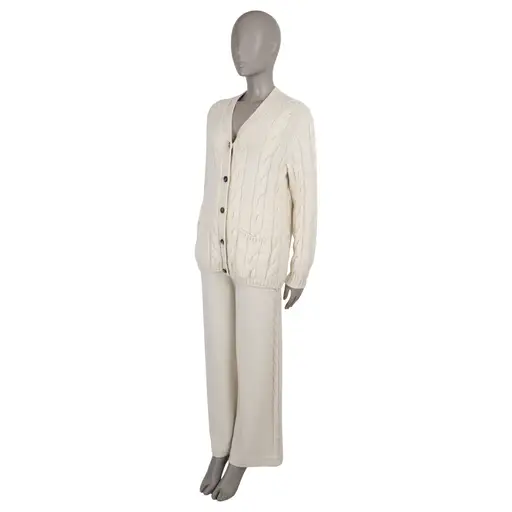 LORO PIANA ivory cashmere 2024 NAPIER CABLE KNIT Cardigan Pant Set S