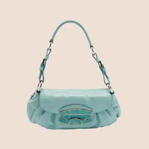 PRADA 2000 BLUE PLEATED LEATHER CROCO PUSHLOCK BAGUETTE BAG