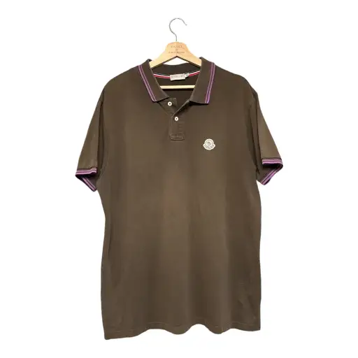 VINTAGE MONCLER STRIPED TRIM POLO SHIRT IN BROWN