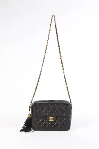 90s Chanel Black Lambskin Leather Camera Bag