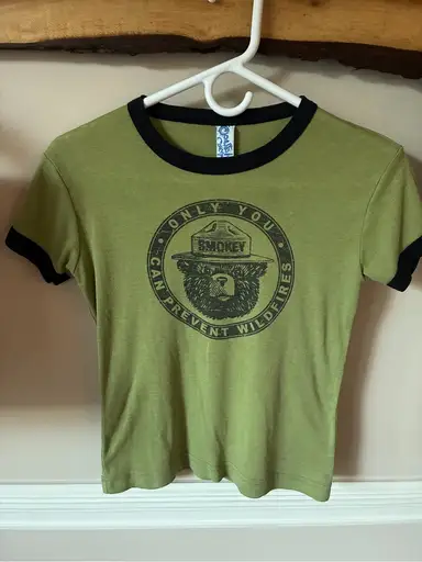 Vintage Smokey Bear Graphic Ringer Baby Tee Green with Black Trim National Parks