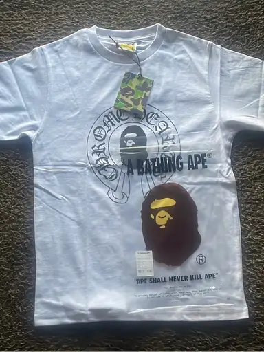 Bape White Graphic Logo Short Sleeve Tee with Brown & Yellow Ape Patch