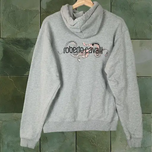 Roberto Cavalli Hoodie Mens Large Gray Snake Graphic Studded Sweatshirt Designer
