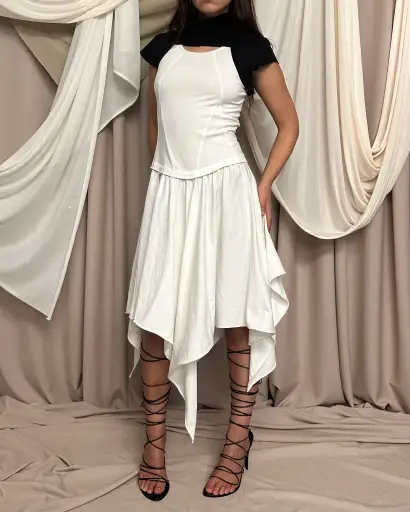 SOFT JERSEY MIDI DRESS WITH POINTED ASYMMETRICAL HEMS by Marithé + François Girbaud