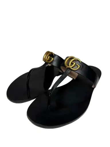 Women's Shoe Size 41 Gucci GG Marmont Black Leather Pre-Owned T-Strap Sandals