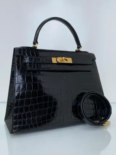 Hermes Vintage Kelly 28 Sellier Noir Alligator GHW #M