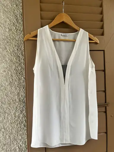 Brunello Cucinelli White Sleeveless Blouse with Grey Detail 