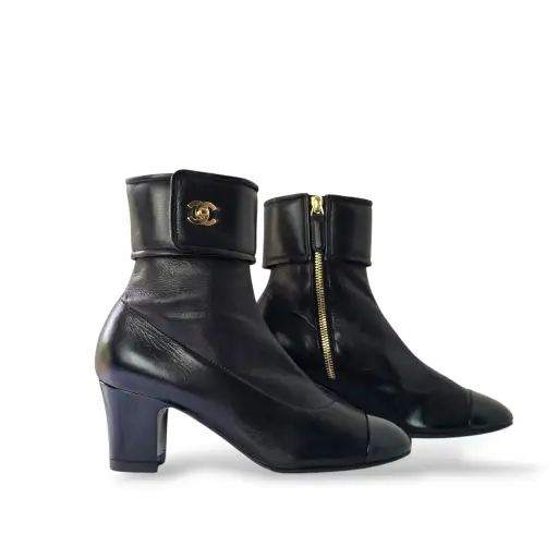 Black Leather Fold-Over Cuff Ankle Boots with Gold CC Logo