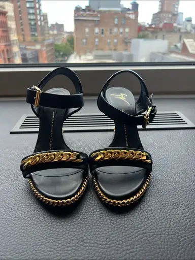 Giuseppe Zanotti Black Leather Wedge Sandals with Gold Chain Detail