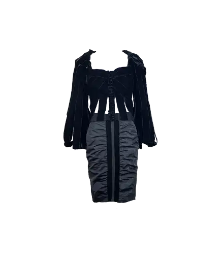 F/w 2002 Black Velvet Corset Top x Skirt Set