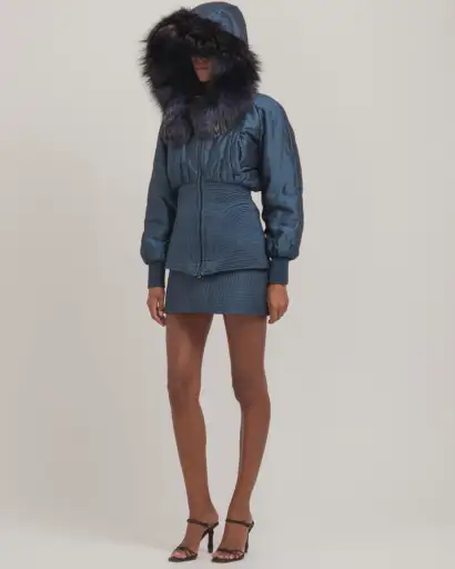 Alexander McQueen 2007 Blue Fox Fur Hood Bomber & Skirt Set