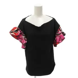 【中古】エミリオプッチ EMILIO PUCCI カットソー Tシャツ XS 黒 ブラック 紫 パープル ボートネック 半袖 花柄袖 無地 THEG-YM-2005 /TL ■WY レディース 【ベクトル 古着】 260821