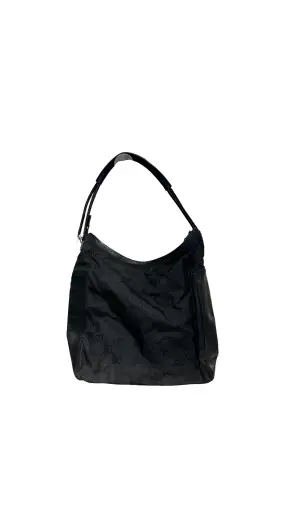 Gucci Vintage GG Monogram Canvas Hobo Shoulder Bag Black Leather Trim Silver Tone Hardware