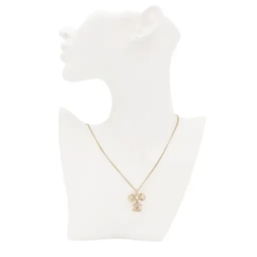 CHANEL B14P Gold Tone Rhinestone Bow Double CC Pendant Necklace [Used]