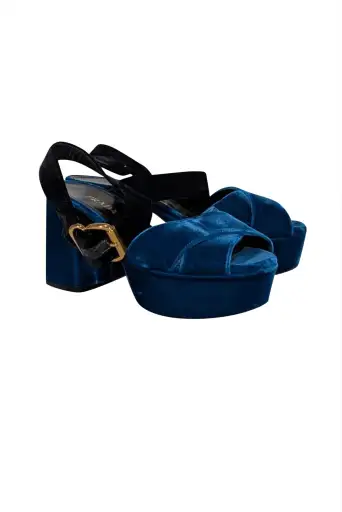 Prada - Teal Blue & Black Velvet Platform Open Toe Pumps Sz 9.5