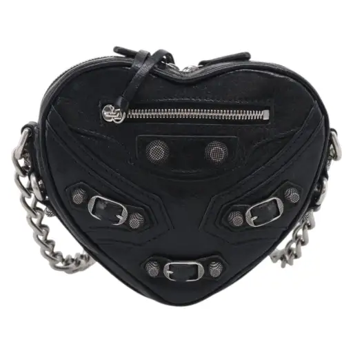 Balenciaga Le Cagole Giant Studs Heart Chain Leather Black Leather Handbag (Pre-Owned)