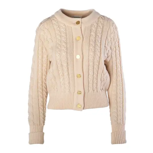 Chanel Ivory Pearl-Embellished Cable-Knit Wool Cardigan - '90s