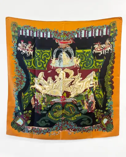 Hermes “Le Paradis du Roy” silk scarf in black rust & green