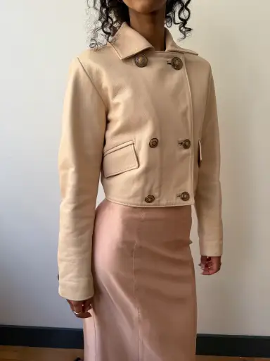 Versace Istante pastel pink double-breasted leather jacket
