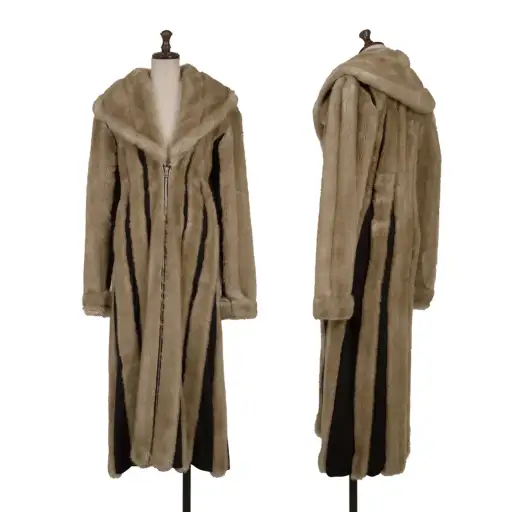 Fur Striped Double Zip Coat in Beige and Black