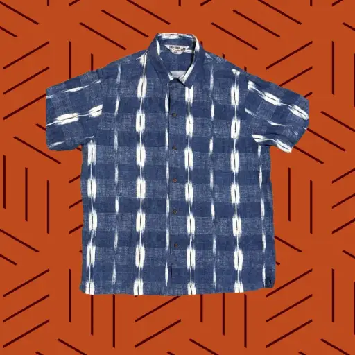 Line Of Trade Shirt Men Medium Blue Hawaiian Linen Blend Loop Collar Camp