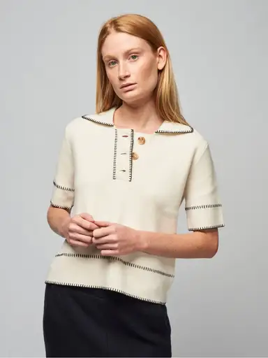 Lisa Yang Bobby Short-Sleeve Topstitched Cashmere Sweater