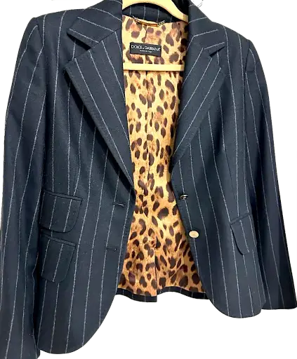 Dolce & Gabbana Italy. Blue Pinstripe Wool Blazer, Leopard Lining Print