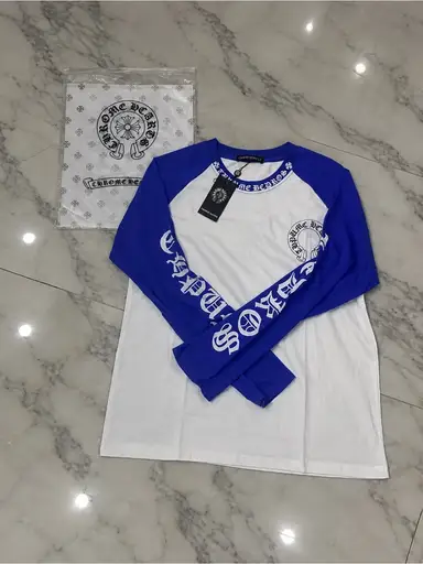 Chrome Hearts Kids Blue & White Long-Sleeve Raglan Tee with Script Sleeves
