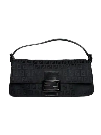 Women's Authentic Fendi Small Baguette Black Zucchino FF Canvas Vintage Y2K Authentic Pre-Owned Shoulder Bag