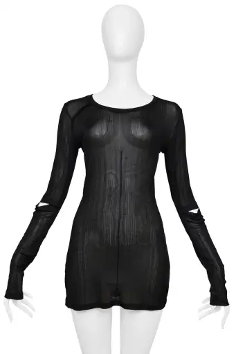 HELMUT LANG BLACK SHEER LONG SLEEVE TOP WITH CUT OUT SLEEVES